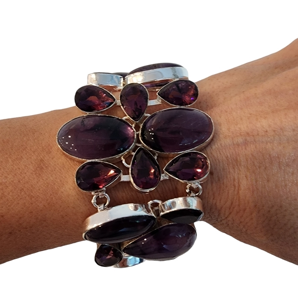 Silver amethyst gemstone bracelet chunky statement bracelet plus glass stones